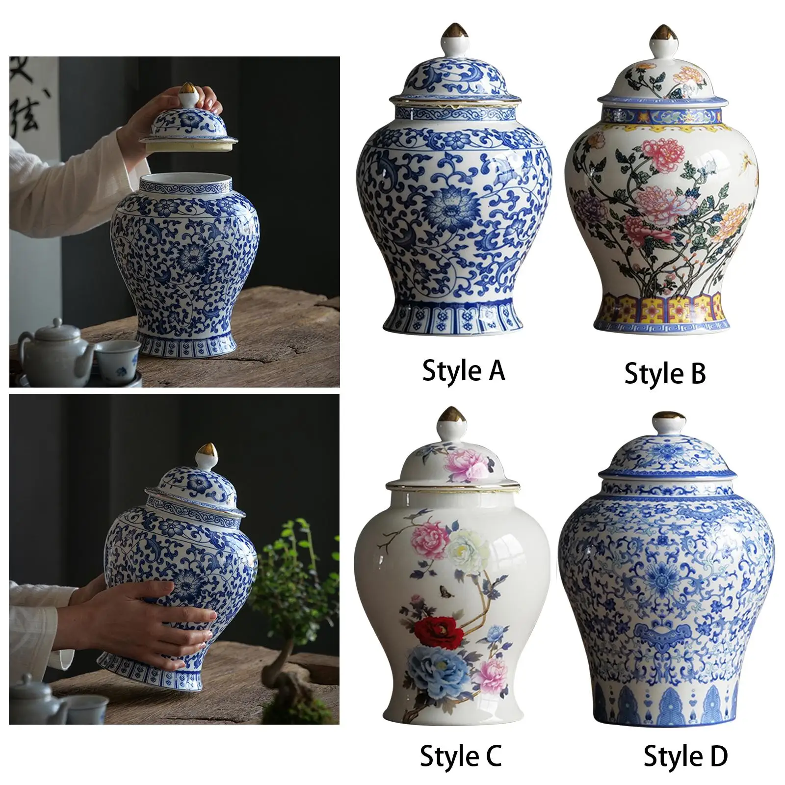 Ceramic Ginger Jar Glazed Hand Painted Asian Decor Multi Purpose   Porcelain Jar