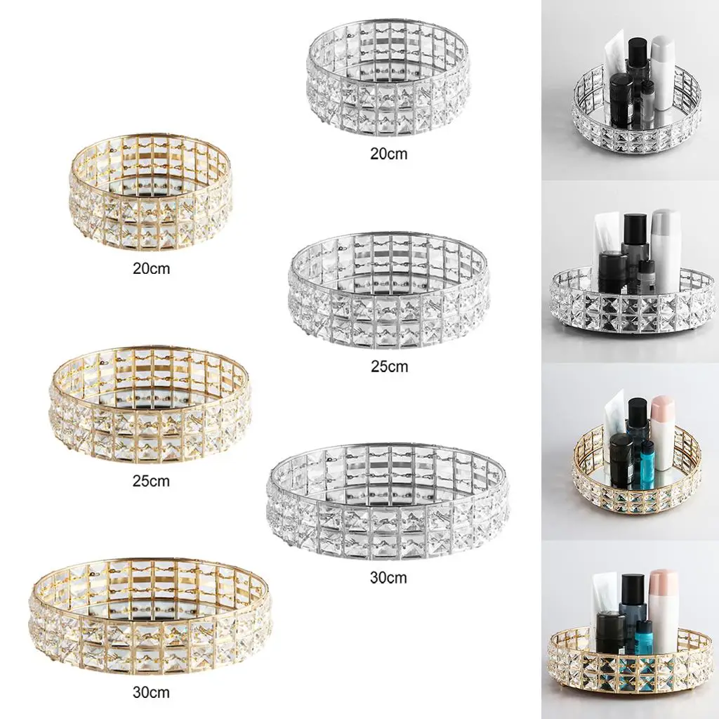 Retro Style Metal Crystal Mirror Tray Vanity Perfume Jewelry Trinket Necklaces Snack Dessert Serving Trays Wedding Bathroom 