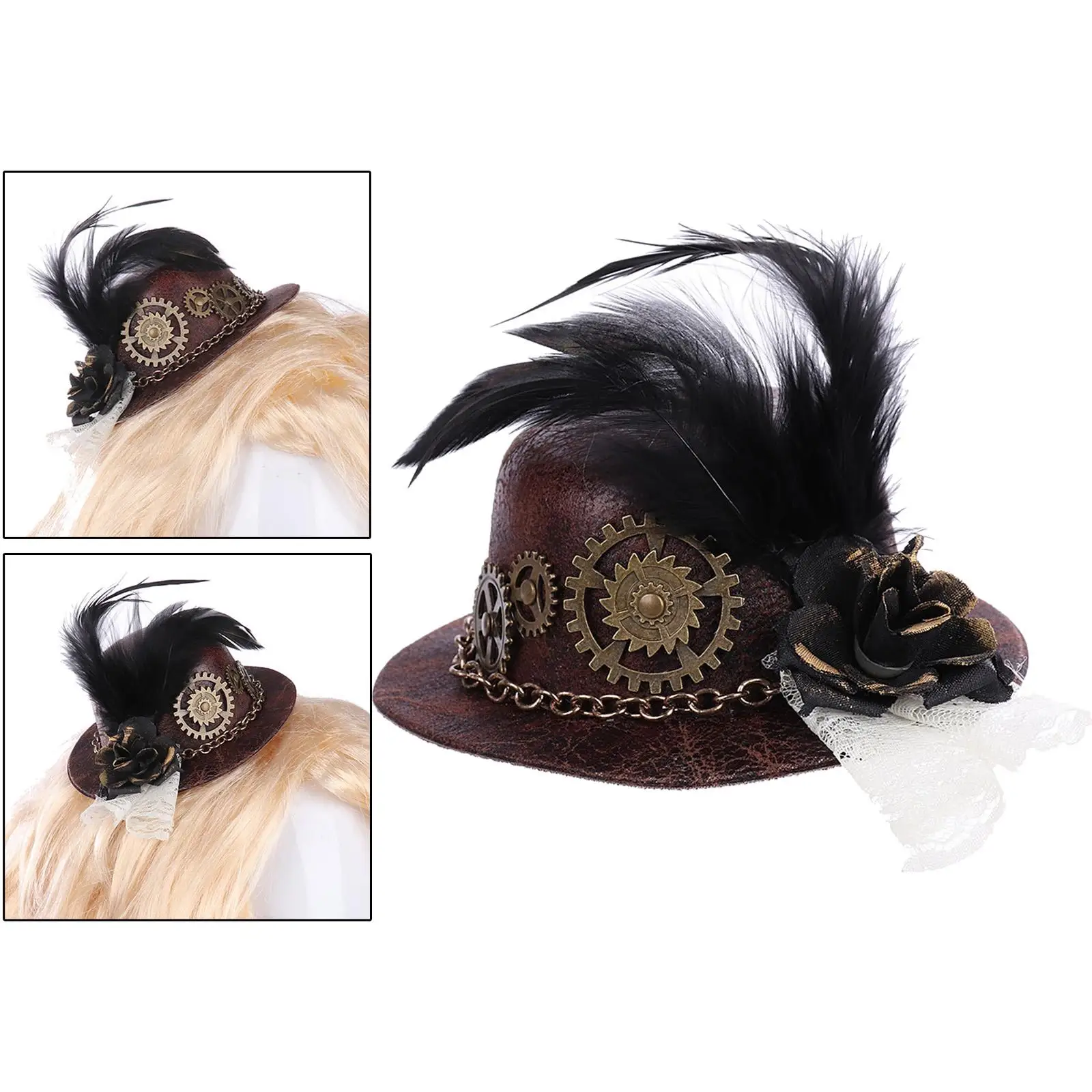 Goth Steampunk Mini Top Hat with Gear Feather Hair Clip, Jazz Hat Cosplay Costume Hat Renaissance Costume Halloween Accessory