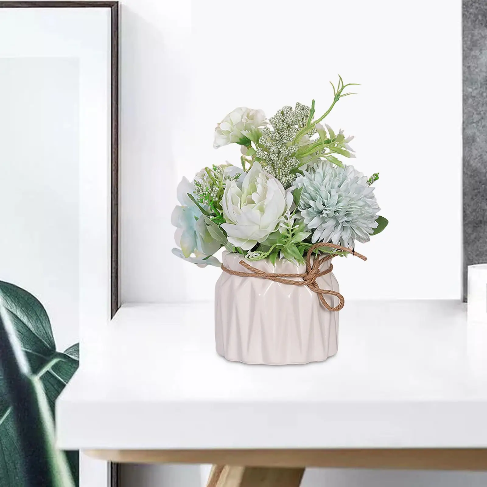 Mini Artificial Flowers Hydrangea Flower Bonsai with Vase Flower Arrangement Plant Potted for Kitchen Home Party Office Decor