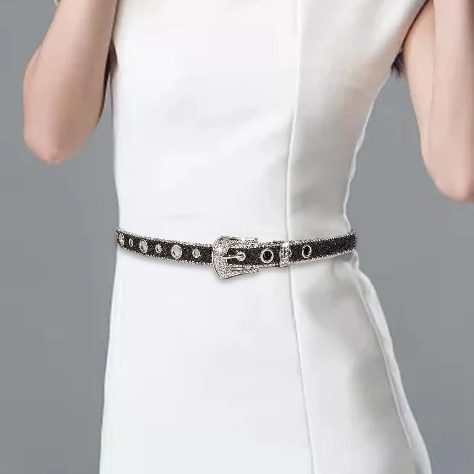 Rhinestone Belt Women PU Leather Waist Belt Eyelet Belt Costume Accessories Adjustable Pin Buckle Waistband for Party Trousers