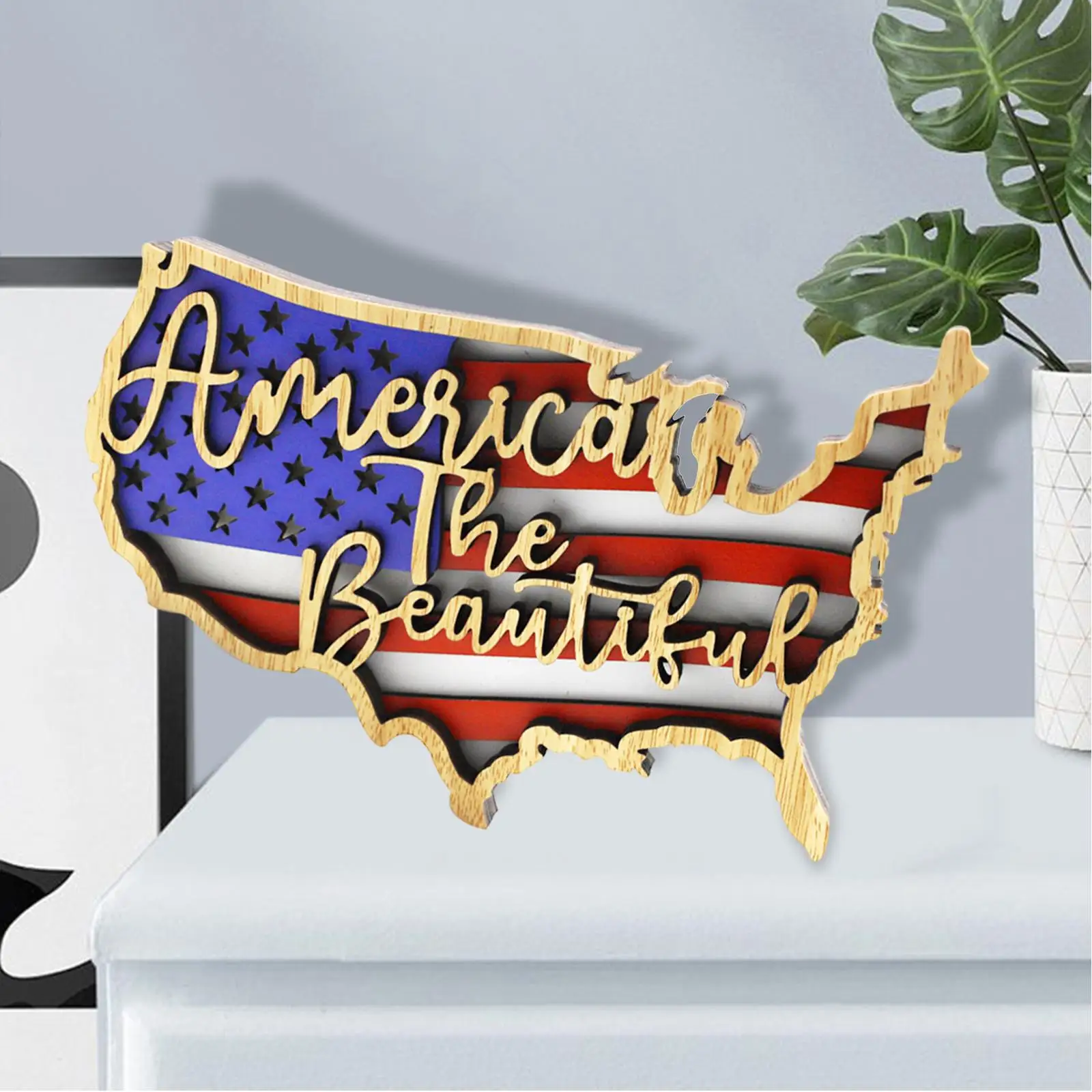 Wooden American Flag Ornament National Outline Hollow Design Framed Wall Art for National Day Home DIY Crafts Statue Home Decor