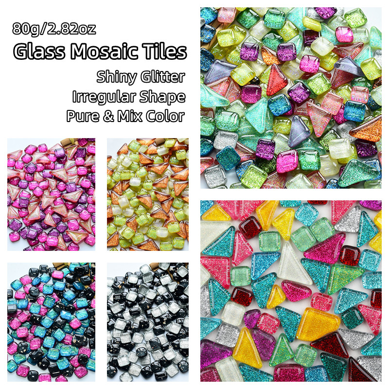 Description Picture 2 of item80g/2.82oz Glitter Shiny Irregular Shape Glass Mosaic Tiles DIY Mosaic Making Materials Pure & Mix Color Tile Optional