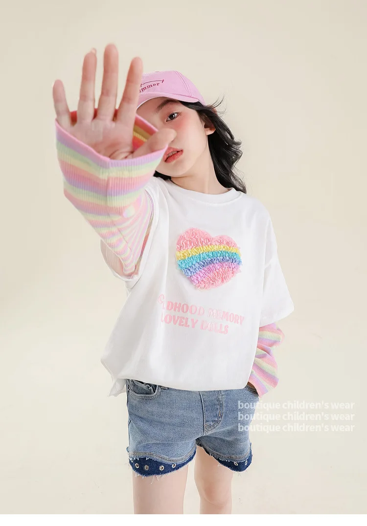 Two-piece Patchwork T-Shirt Children's Round O-neck crewneck Clothing Spring Long Sleeve Casual T-shirts for Kids False Girl Undershirt in Pink White Tees Tops