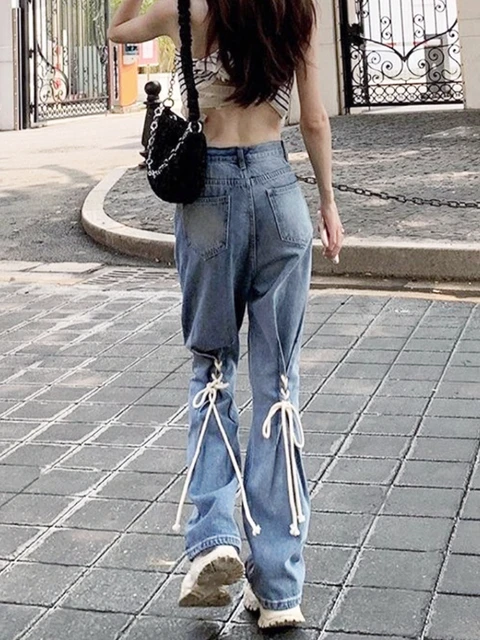 Hot Girl Japanese Korean High Waist Pant Chains Wide Leg Denim