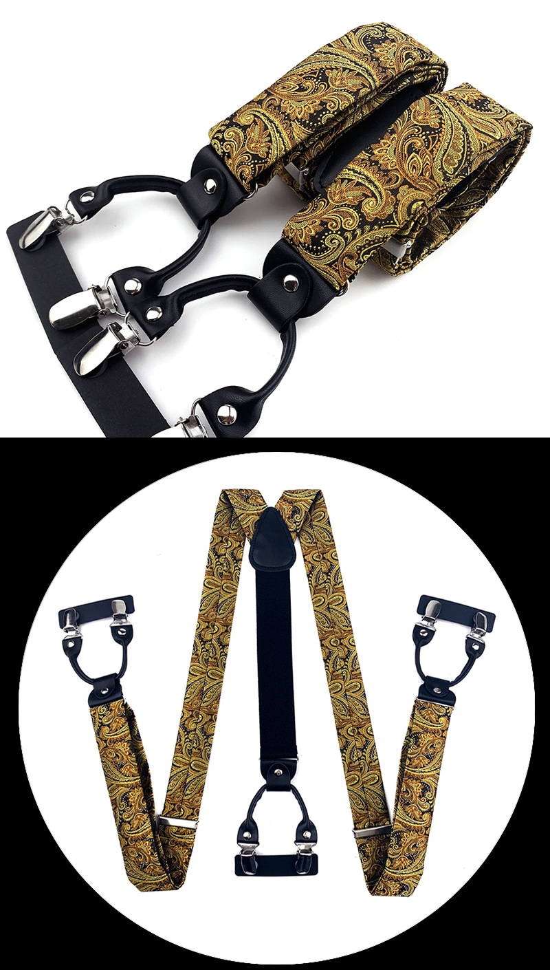 VEEKTIE Brand Suspender For Men 6 Snap Hooks Y-back Adjustable Jacquard Floral Check Shirts Paisley Yellow Blue Vintage Retro