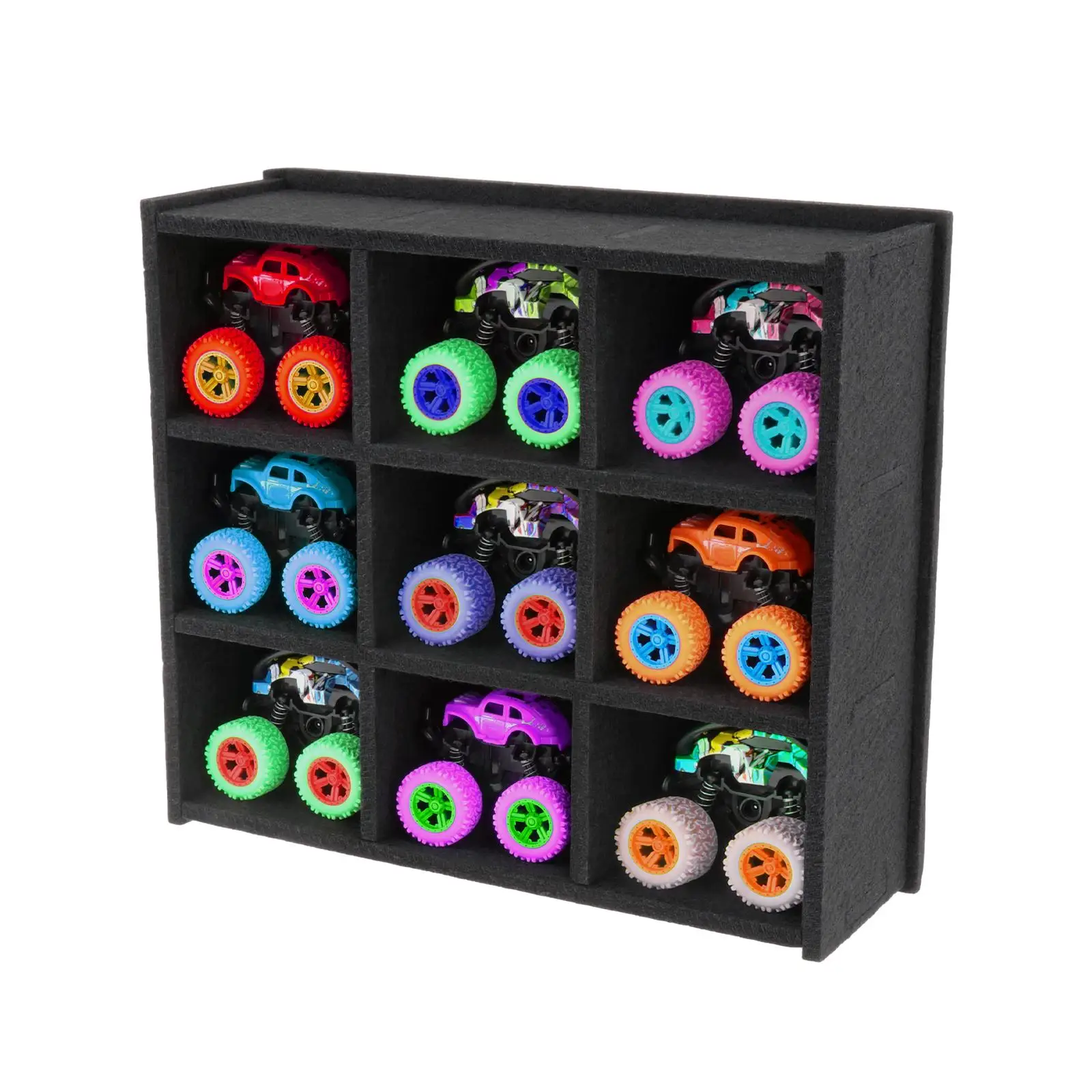 Monster Trucks Toy Wall Mount Display Case with 9 Slots Black Color Inside Each Slot 10cmx8.5cm DIY Assembled for Children