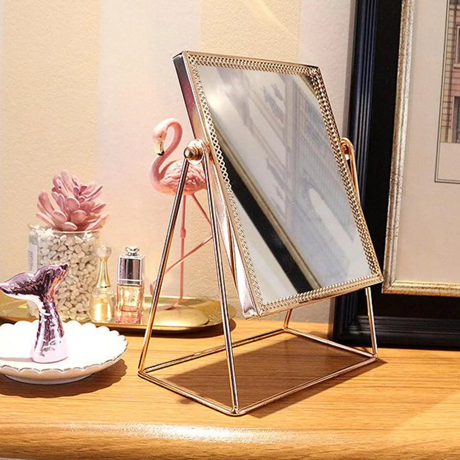 Metal Tabletop Antique Makeup Mirror with Stand Vintage Swivel Cosmetic Mirror with Frame Dressing Mirror for Bathroom Bedroom