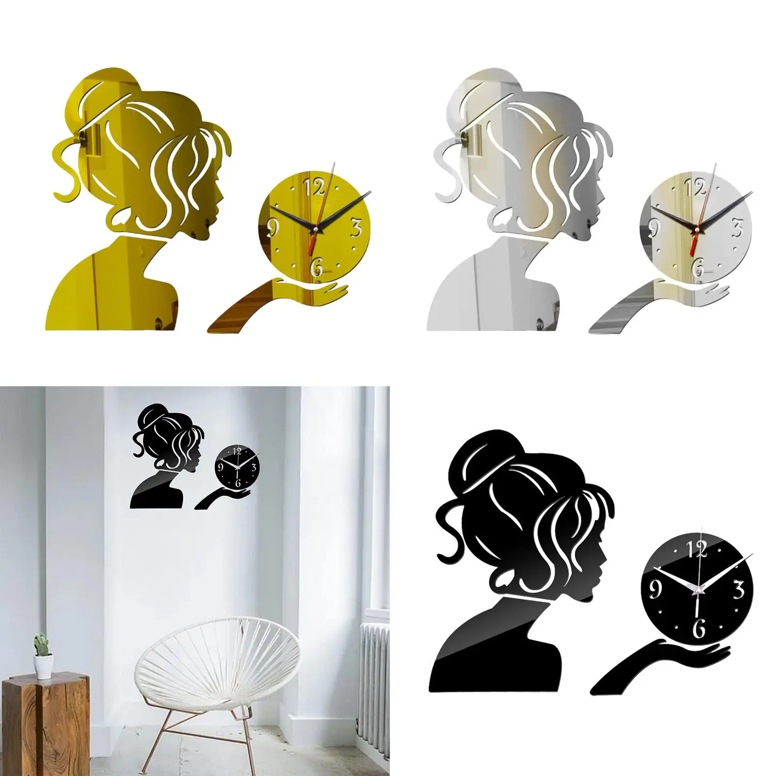Wall Clock 3D DIY Sticker Beautiful Girl Decorative Stylish Silent Clock for Living Room Bedroom Dining Room Office Ornament