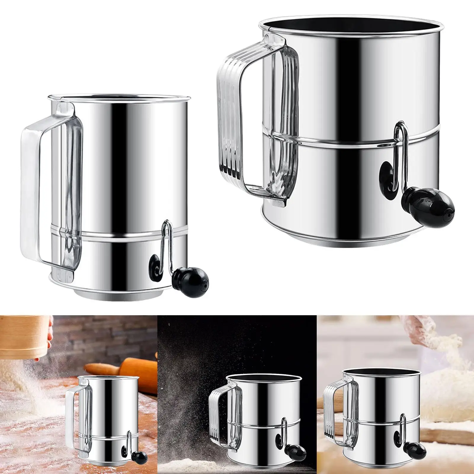 Flour Sifter.Stainless Steel Rotary Hand Crank, Baking Sugar Sifter with Fine