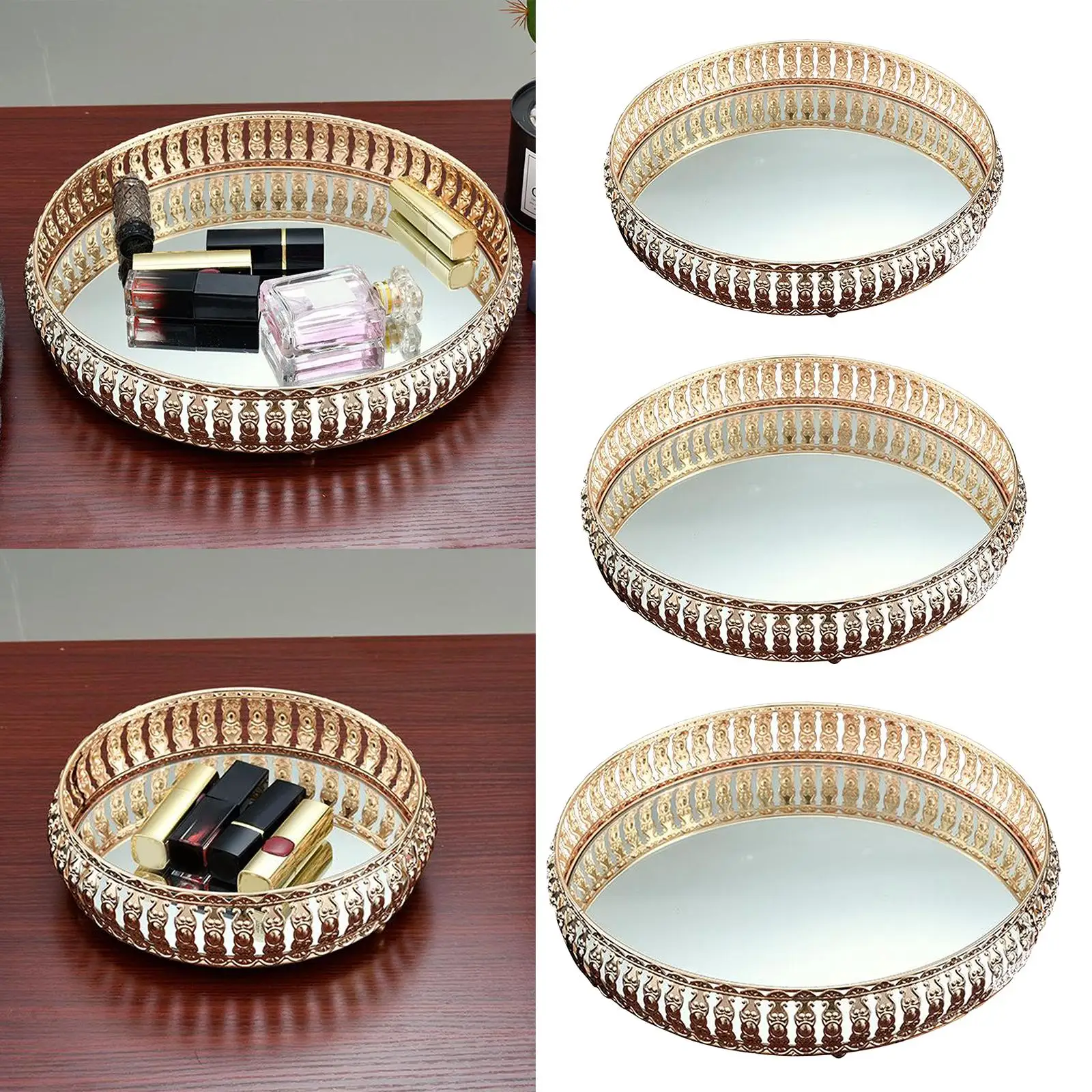 Round Mirrored Crystal Iron Cosmetic Perfume Organizer Tray Cake Display Decor