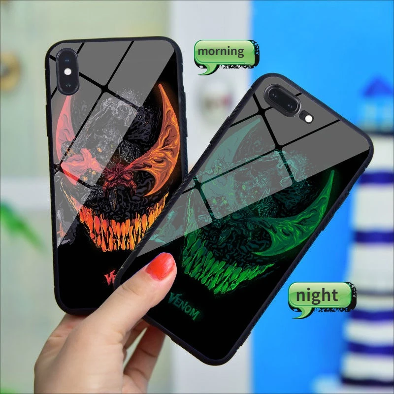 Venom Marvel Luminous glass phone case for iphone 11 12 13 pro max case iphone 7 case 5 6 8 plus se2020 x xr Cover Glow at night xr phone case