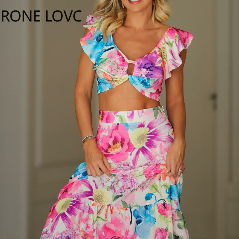 Conjunto Para Mulheres, All Over Print, Saia Sexy Férias Maxi