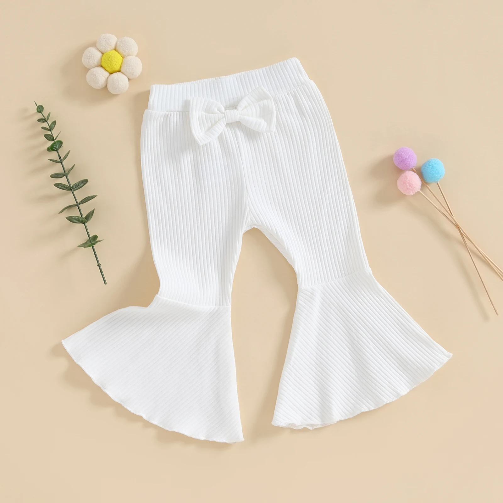 S9ec731bf89af40ec9cd7cd6a8b81c9b4t Cute Kids Baby Girls Flare Pants Soft Cotton Solid Color Ribbed Elastic Toddler Bell Bottoms Trousers Bow Ruffle Pants for Child