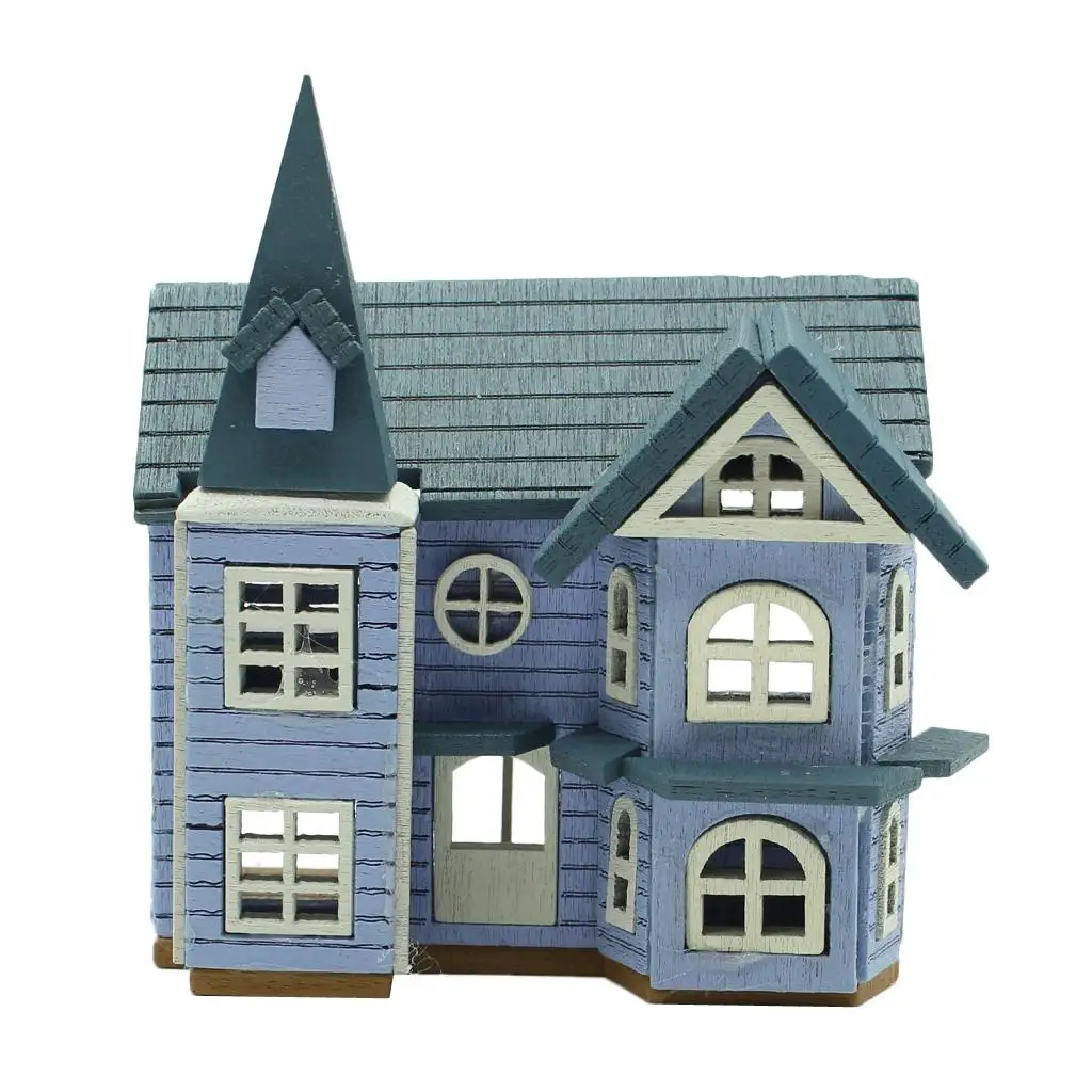 Wooden 1/24 Scale Dollhouse Miniatures DIY House Kit Accessory -Blue Cottage