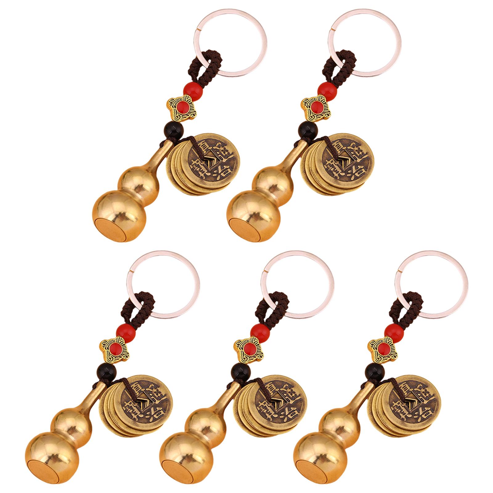 Ancient Vintage Brass Money Bag Keychain Gourd Feng Shui Coins Wealth Lucky Copper for Car Key Ring Bedroom Money Bag Pendant