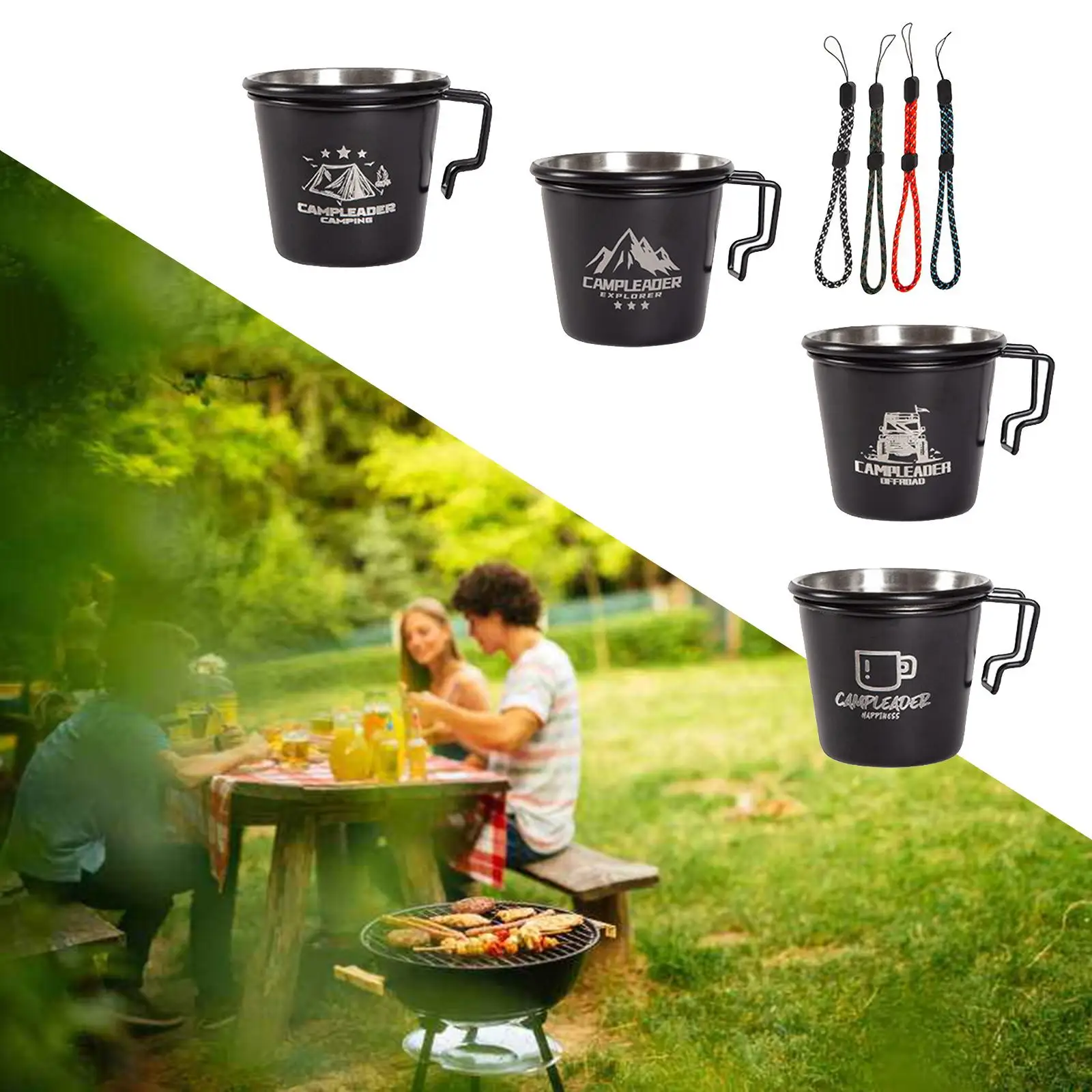 4 Pieces 304 Stainless Steel  Cups w/ Hanging Rope Handle Mugs for Camping Campfire BBQ Hiking