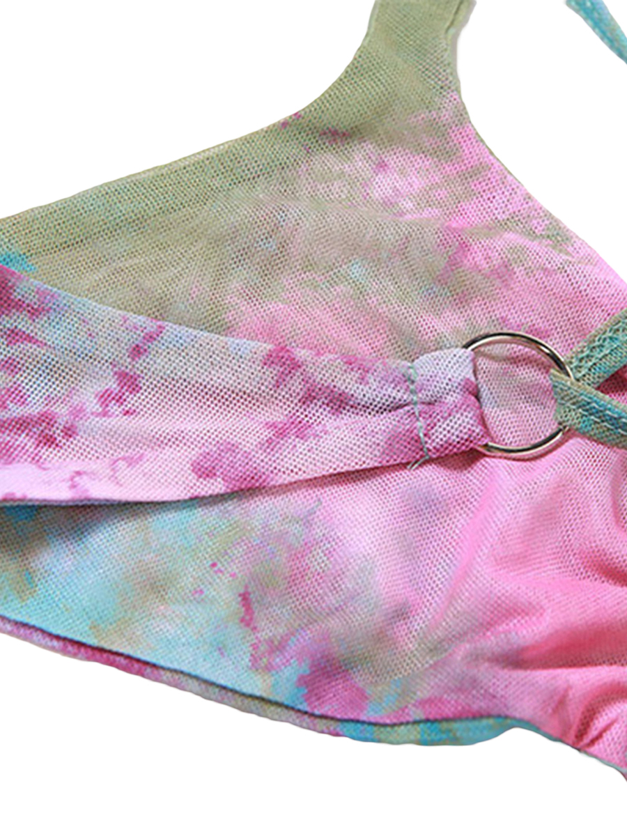 Frauen y2k 3 Stück Sommer Outfits Mode ästhetische Langarm Achsel zucken Tops Krawatte Dye Print Weste unregelmäßigen Minirock Set für Party – Detail 12