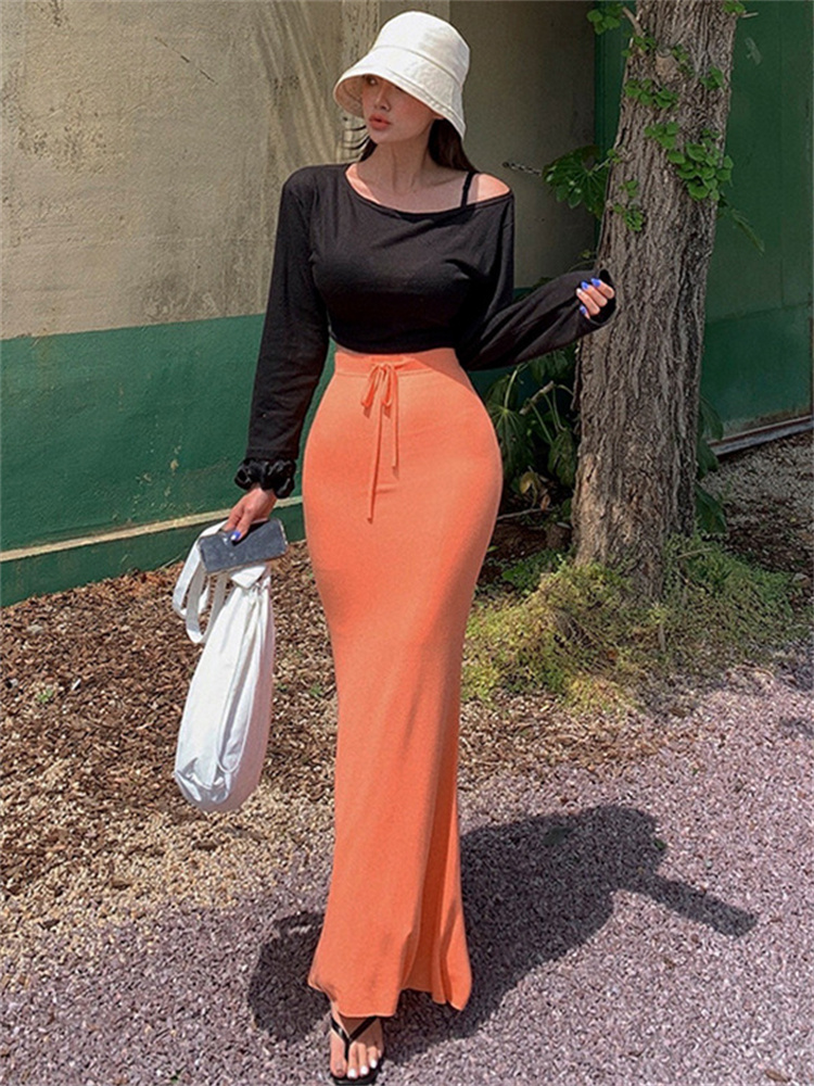 Lace-Up Slim High Waist Long Skirt Women Fashion Elegant Bandage Solid Autumn Casual Drawstring Female Maxi Skirt