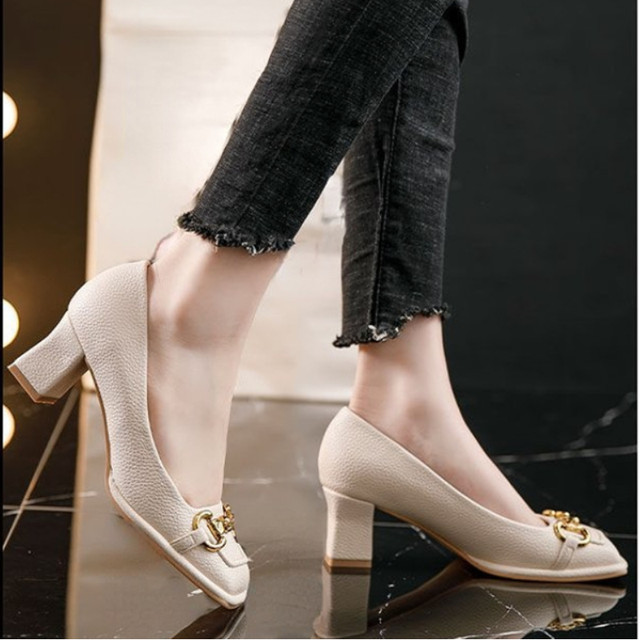 Women s new medium heel shoes square thick heel shoes French style black and green 2024 AliExpress