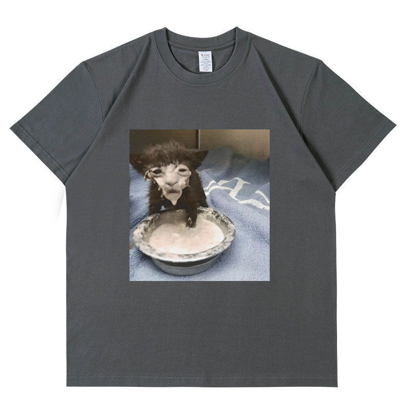 Milch gesicht Katze Meme Print T-Shirt seltsamen Humor lustige Katze Grafik T-Shirts Männer Frauen Mode Baumwolle übergroße T-Shirt Streetwear – Detail 7