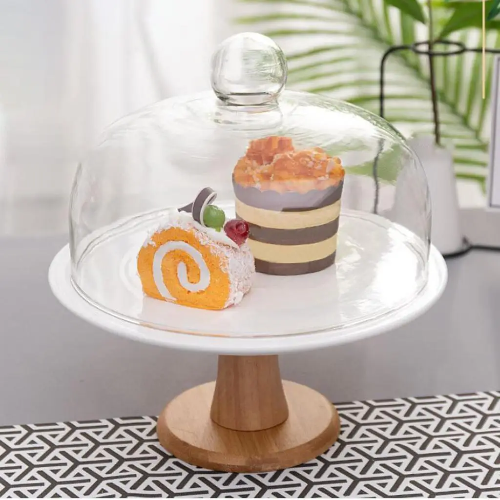 Round Glass Lid Serving Tray Cake Stand Cheese Tray Table Centerpiece Bamboo Bell Dessert Plate