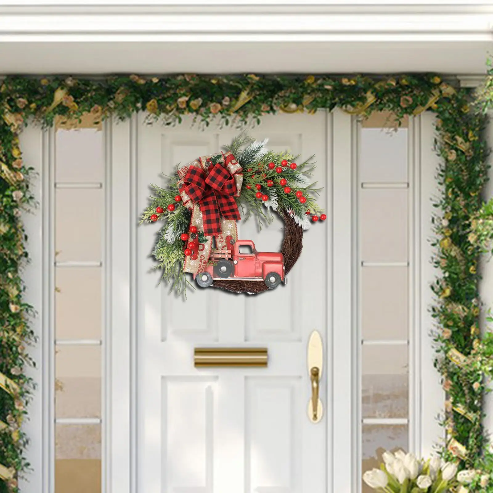 Christmas Wreath Christmas Door Wreath Front Door Hanging Decor Red Truck Door Wreath for Dining Room Cafe Home Decorations