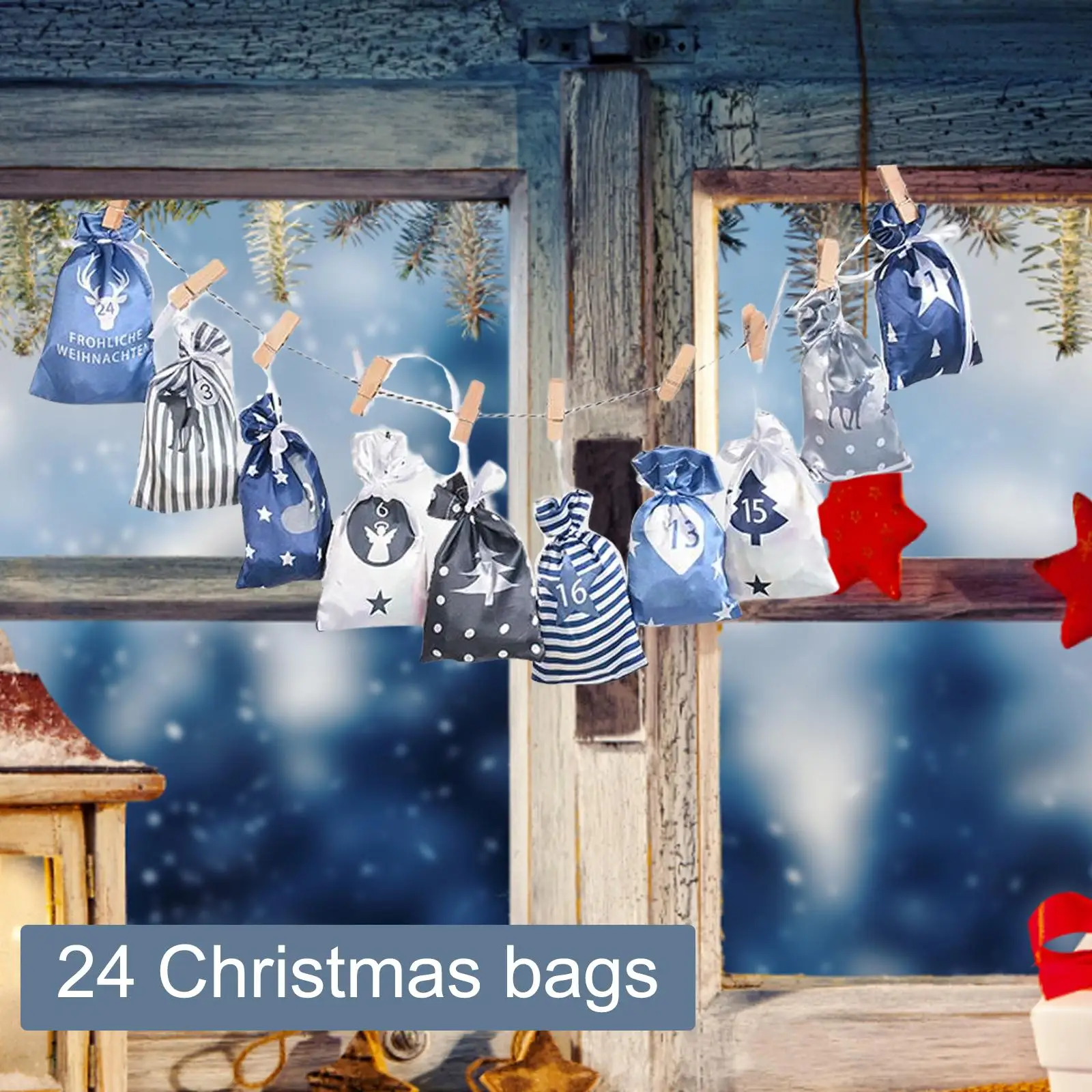 Advent Calendar Bags Christmas Wall Decor Clips Rope Labels Pocket Set Reciprocal Decoration for Living Room Birthday