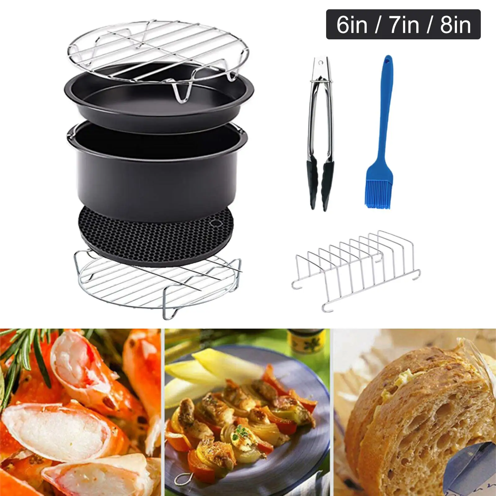 6inch/7inch/8inch Air Fryer Accessories Oil Brush Food Tongs Cake Pan Pizza Pan Toasting Rack for Household BBQ Kitchen