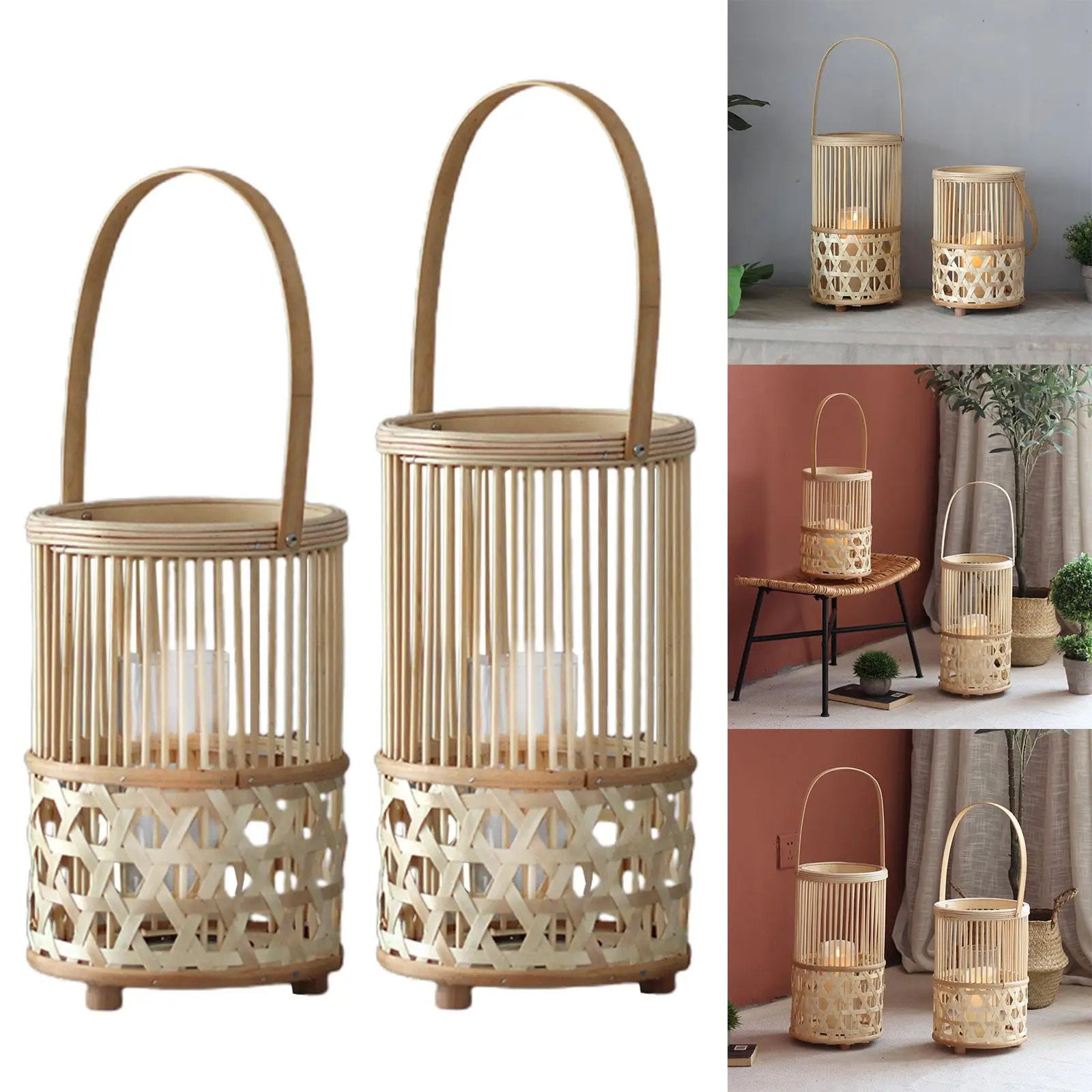 Retro Rattan Natural Lantern with Handle Decoration, Solid and Durable Tabletop Decor Lovely Home Collection Hollow Design Gift