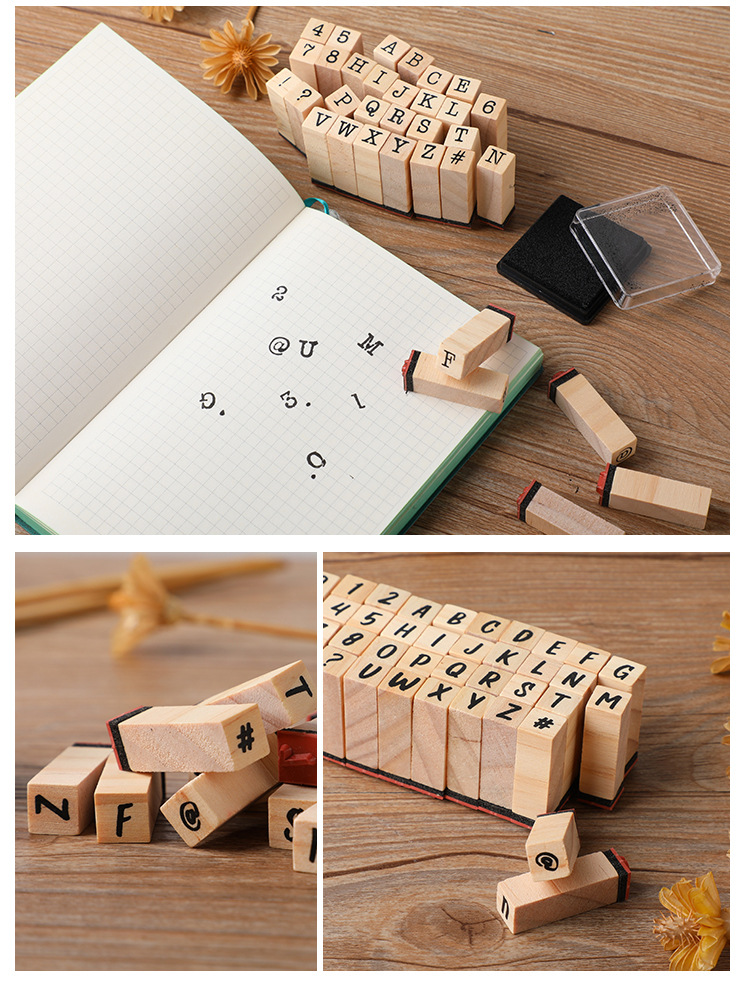 Grundlegendes Tagebuch-Set, Schreibmaschinen-Zahlen- und Buchstabensiegel, DIY-Tagebuch, Holzsiegel, 40-teiliges sortiertes Stempelset – Detail 7