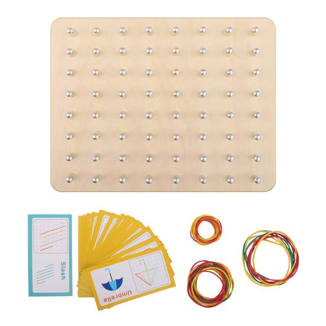 Wooden Geoboard Educational Toys Block Toy with 30 Pattern Cards Wood Toy Lacing Board for Children Kids Toddlers 3 4 5 Year Old