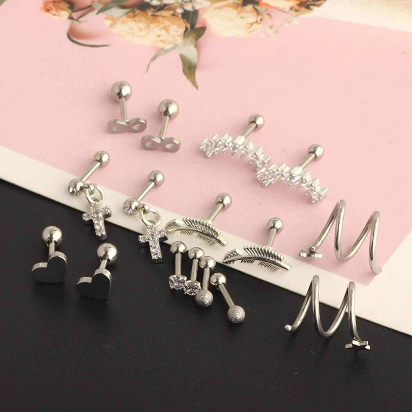 16 Pieces Stainless Steel Earrings Set,  Pendants, for , Heart Ball Feather  Jewelry Nose Rings Barbell Stud Gifts