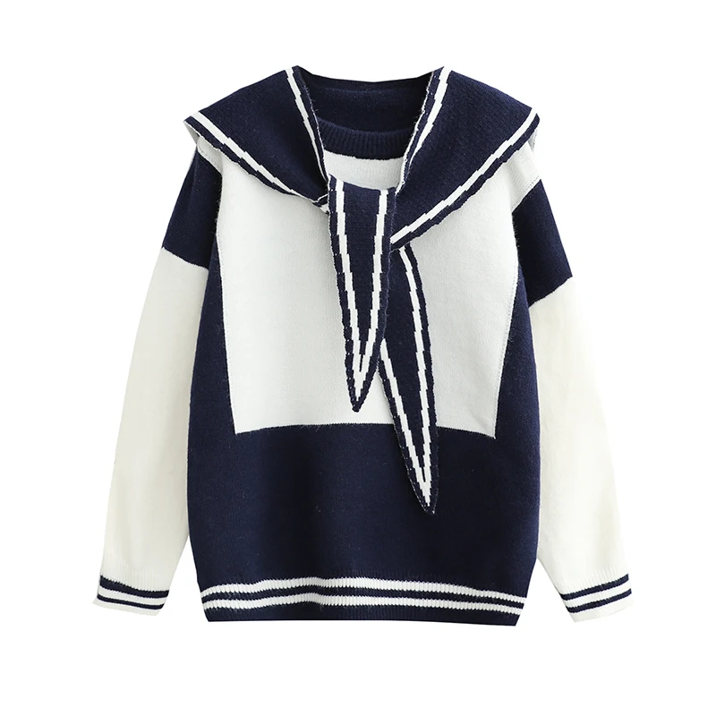 Retro Sailor Collar Contrast Color Sweater Coat Women's Autumn and Winter New Loose Large Lapel Sweater pink sweater
