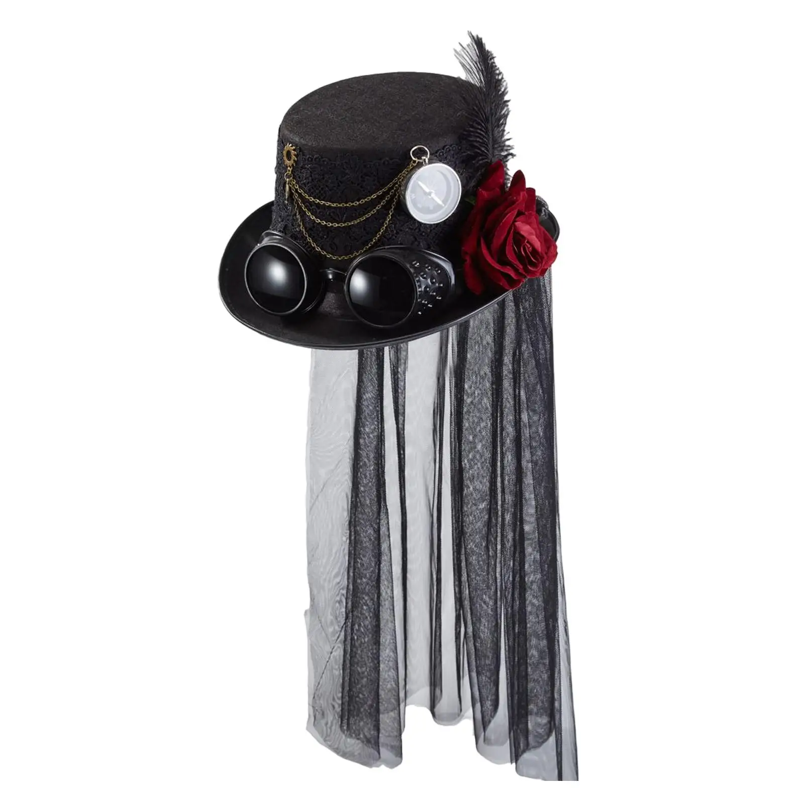 Steampunk Top Hat Gothic Vintage Head Gear Flower Feather Decorative with Goggles Headband Headwear Fedoras for Supplies Adult