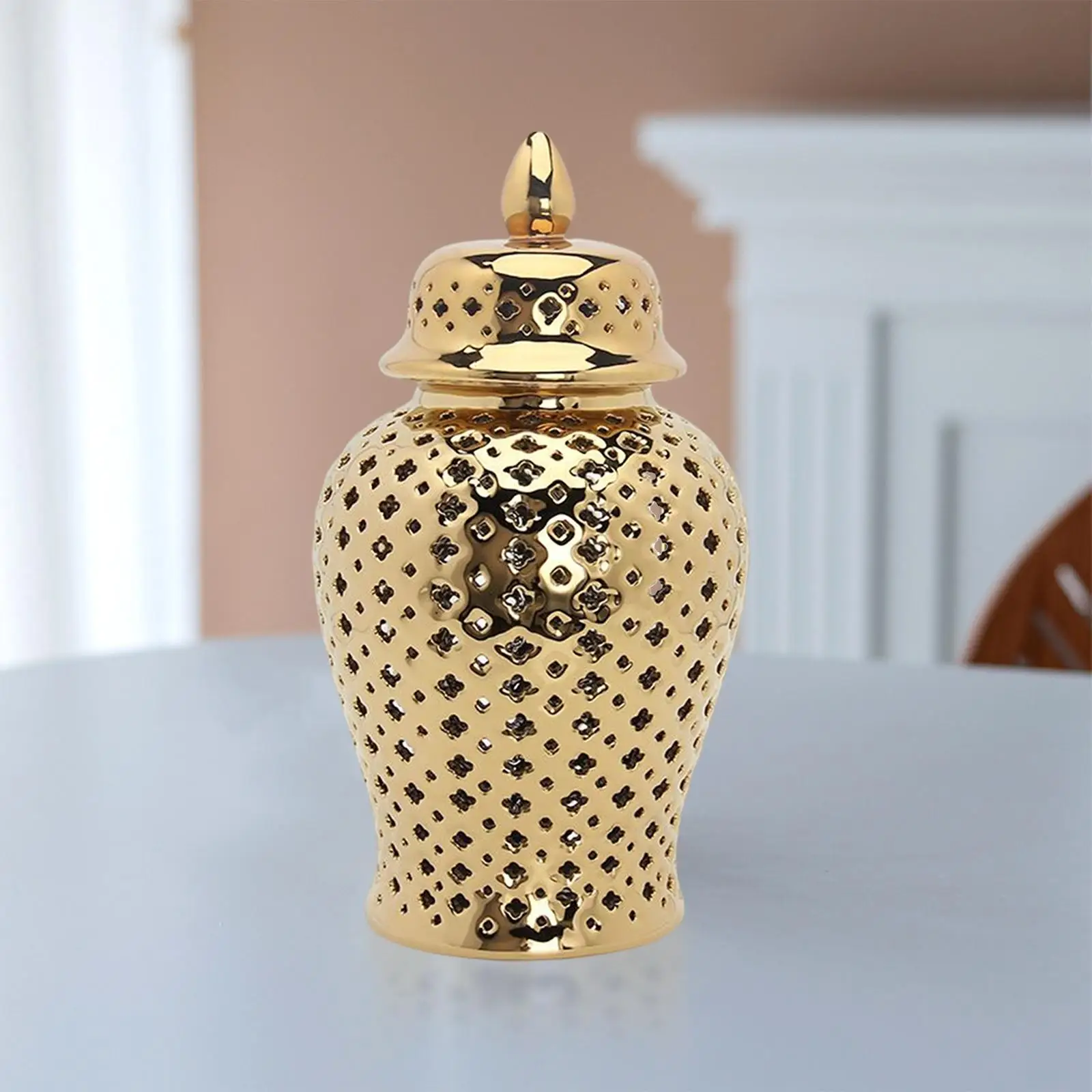 Ceramic Ginger Jar Ornament Flower Vase with Lid for Living Room Decoration