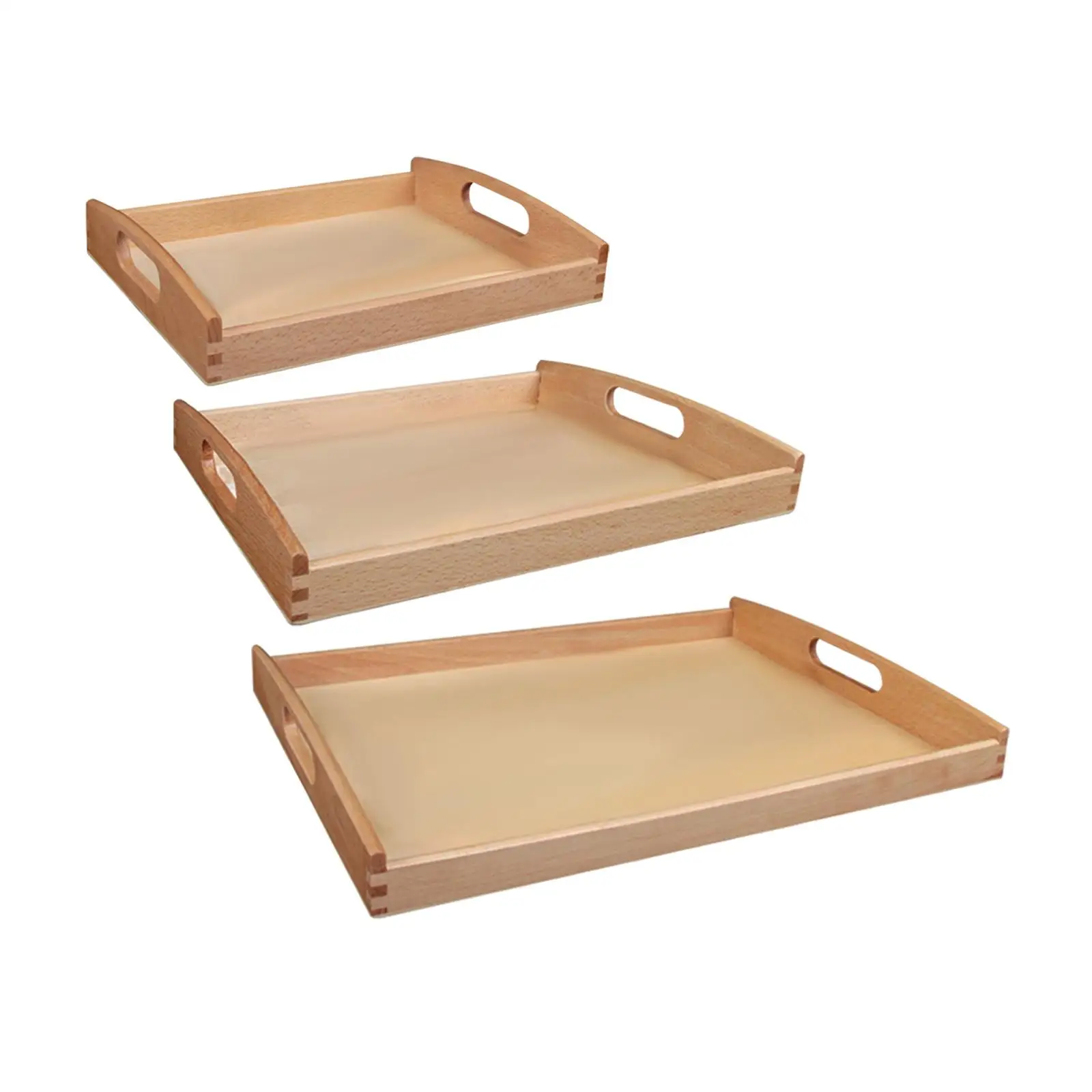 Wooden Montessori Tray Rectangular Shape with Handle Education Toys Unfinished for Kitchen