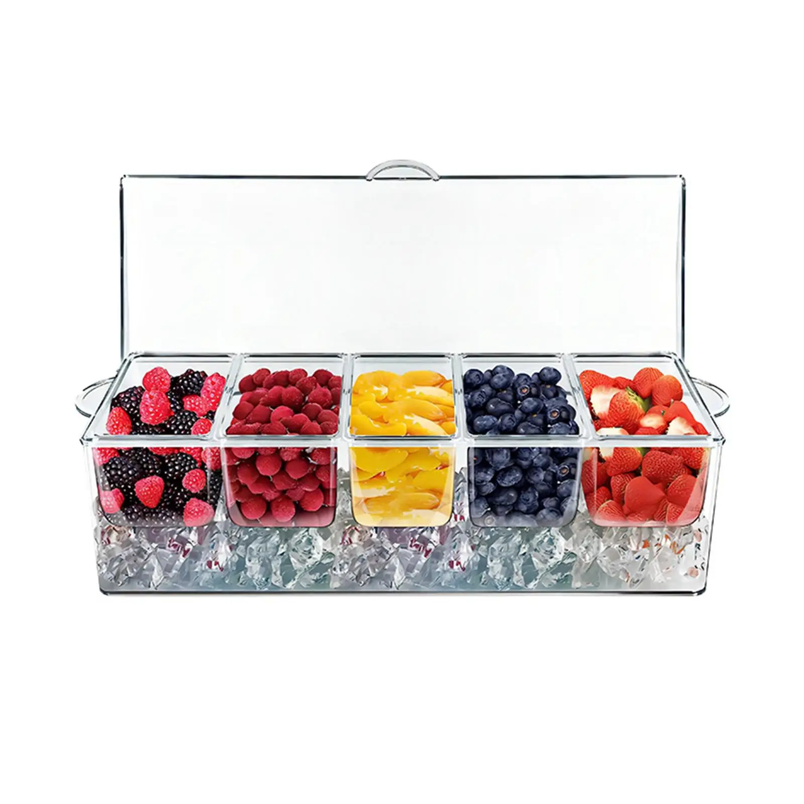 Chilled Condiment Server Caddy 5 Compartment Clear PP Material Durable 16x6.3x4.4inch Hinged Lid for Hotdog Cart, Entertaining