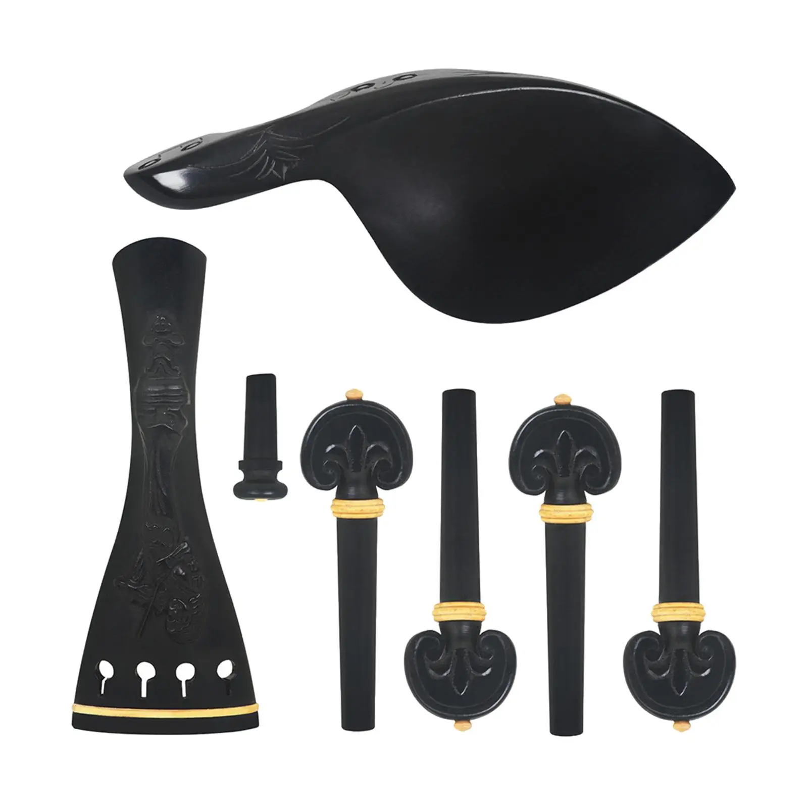 7Pcs Ebony Violin Chin Rest Chinrest with 4 Tuning Pegs Tailpiece Endpin Set for 4/4-3/4 Violin
