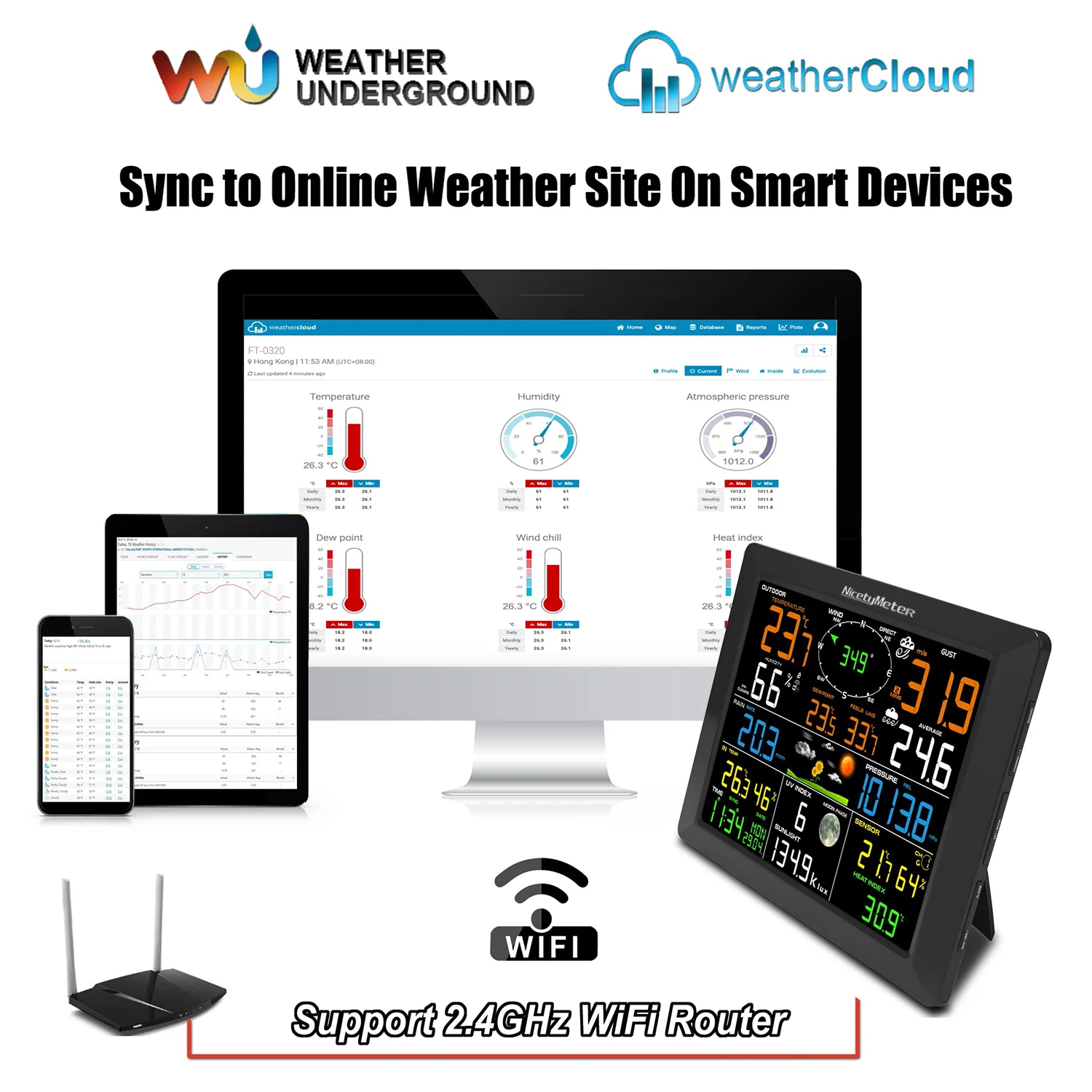 S9fbd087c408443619dd0be9aa55a0dc24 0320 Wireless Weather Stations 10 Inch Large Display Indoor Outdoor Temperature Humidity Rain Gauge Wind Speed 8 Channel Support