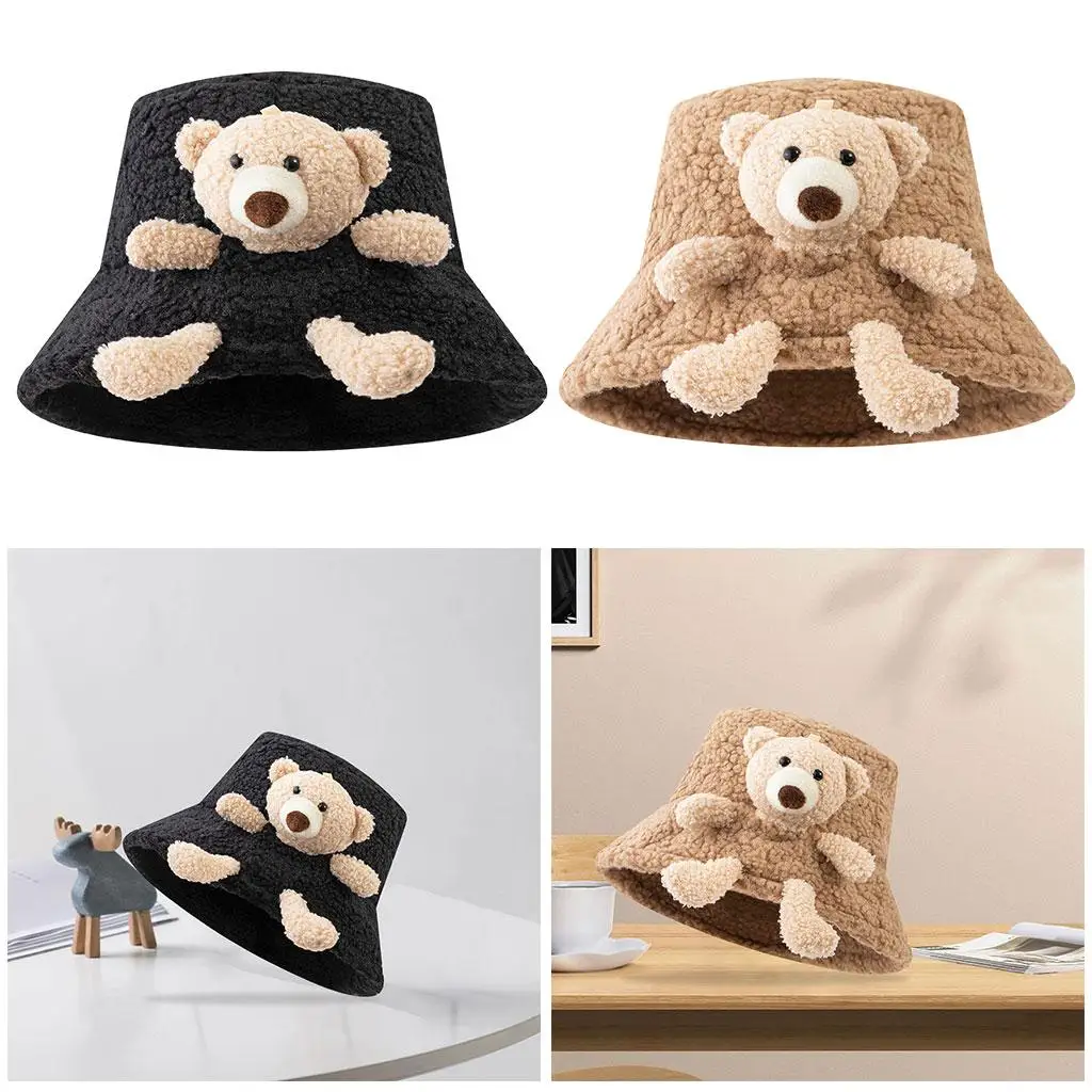 Women Warm Bucket Hat 3D Stuffed Cute Outdoor Harajuku Teddy Bear Plush