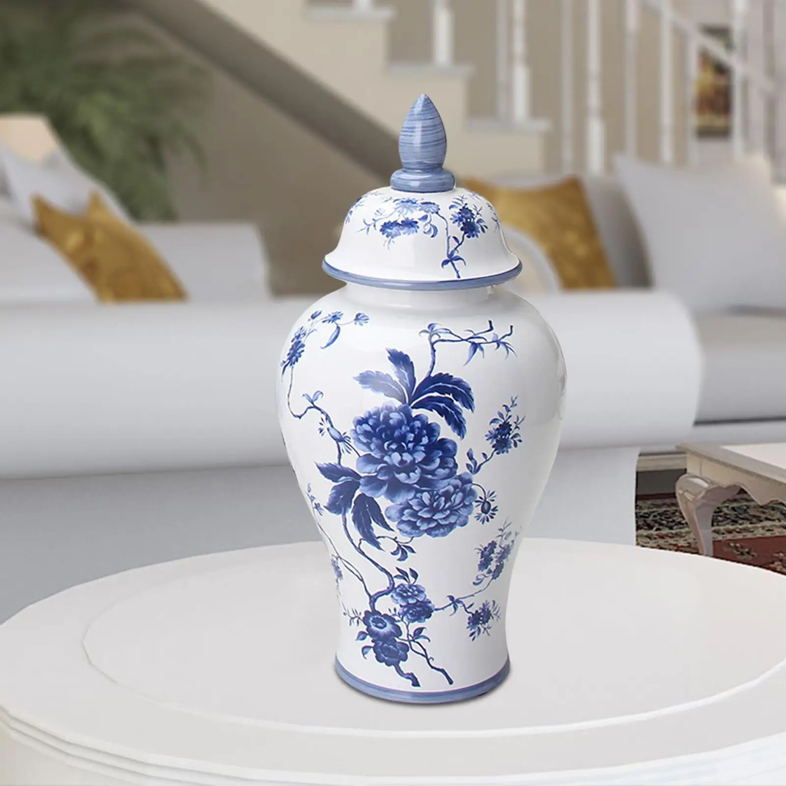Blue and White Ceramic Glazed Temple Jar Vase Home Decoration Oriental Style
