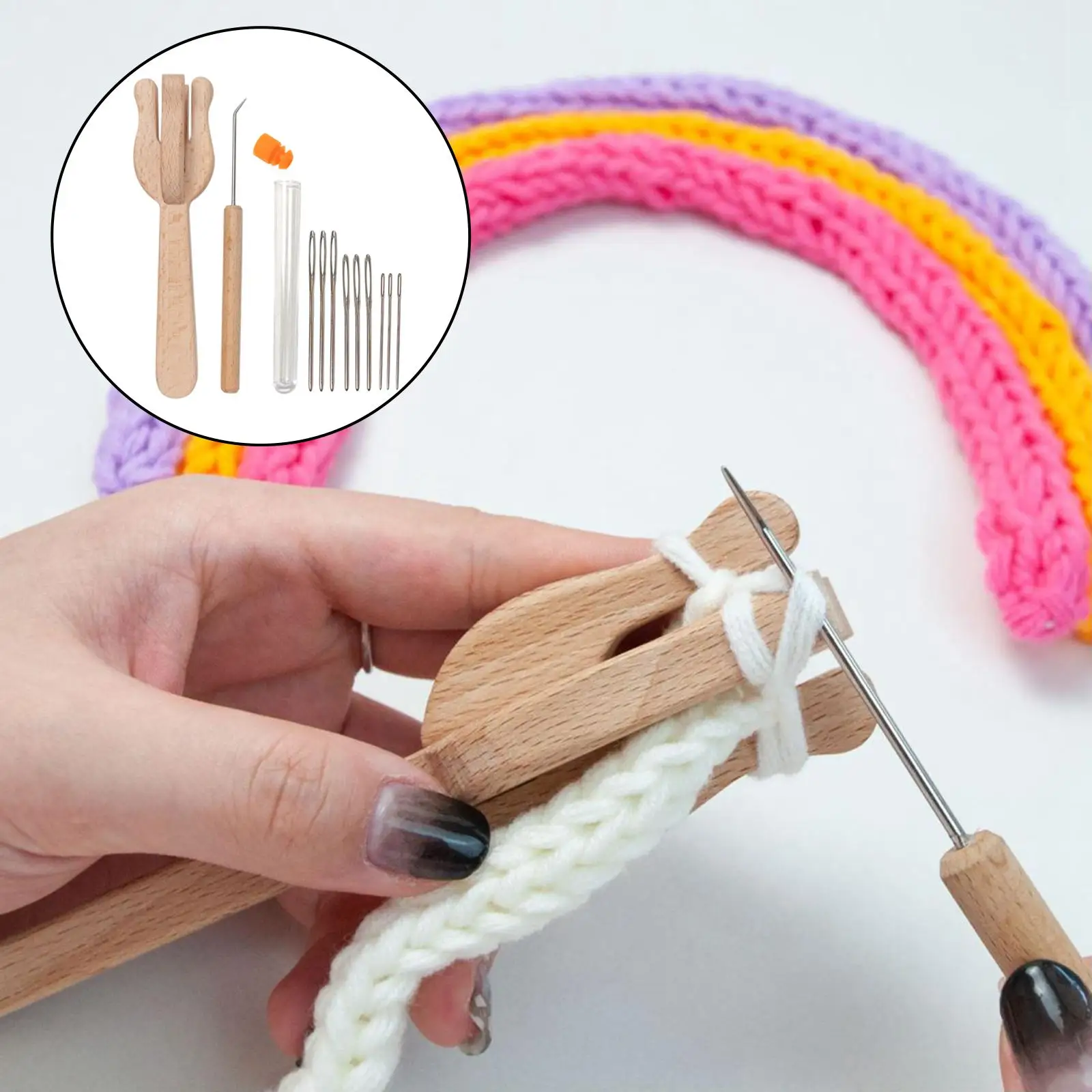 Knitting Fork, Handle and 9 Big Eye  Kit Knitting Knitters Eye Jewelry Wooden Lucet Fork Weaver Knitter Needle Kit