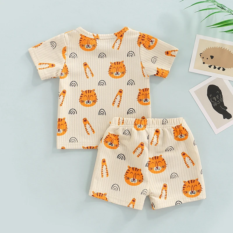baby clothes set gift Summer Toddler Baby Boys Girls Clothes Sets Ribbed Knitted Cartoon Animal Print Short Sleeve T-shirts+Drawstring Shorts Outfits baby's complete set of clothing
