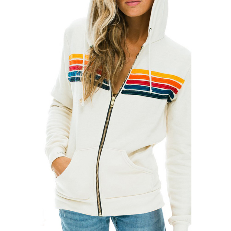 casual arco-íris com capuz camisolas moda zip-up listrado hoodies