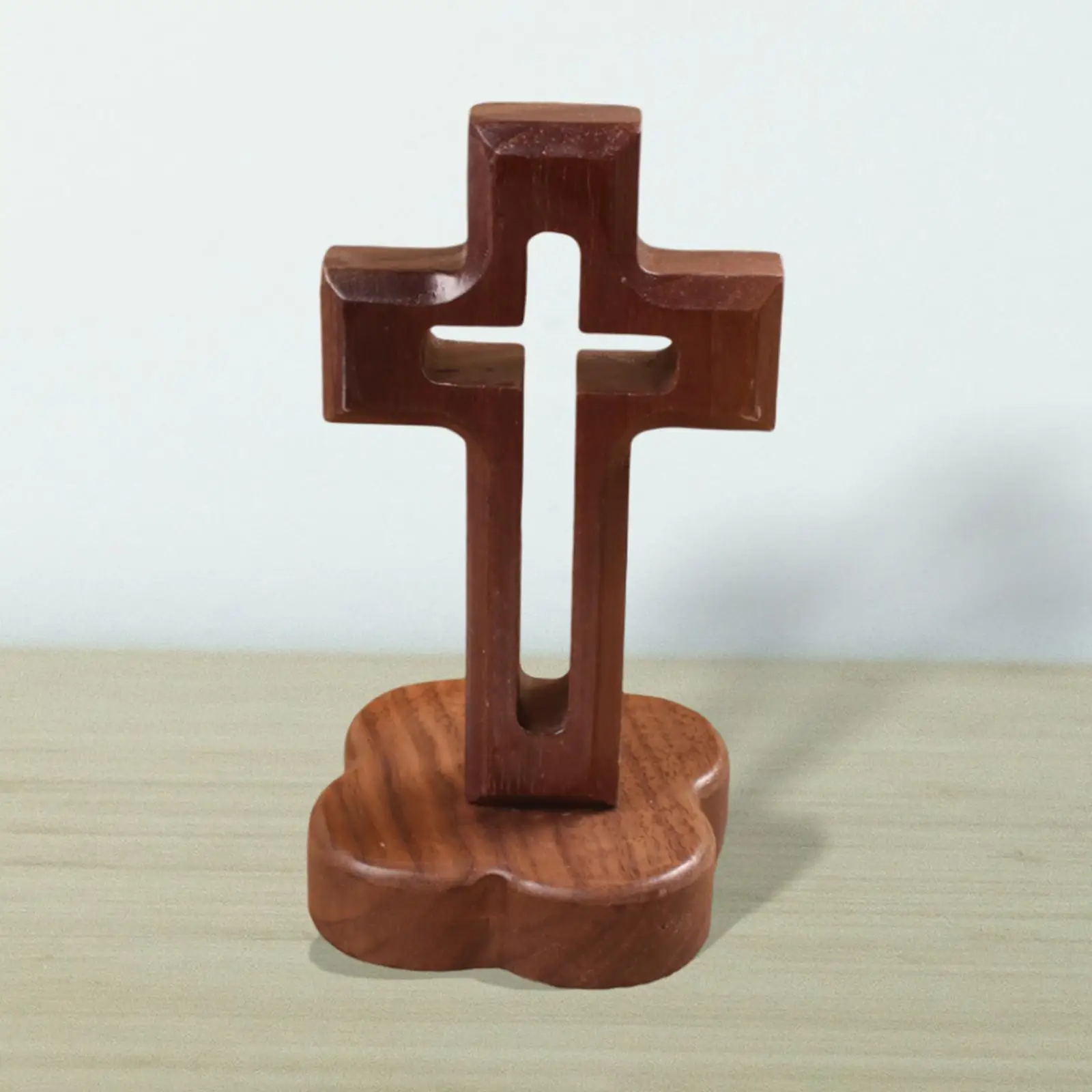 Walnut Wood Cross Statue Handcarved Decoration Sacred for Photo Props Church