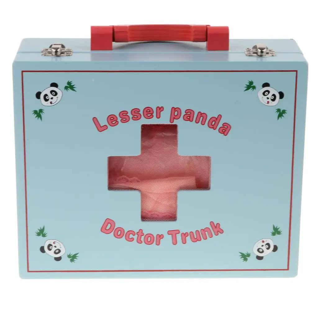 Panda Pattern 30pcs Wooden Doctor Cap Nurse Tools Kits Carry Suitcase Role Playing Set Toy