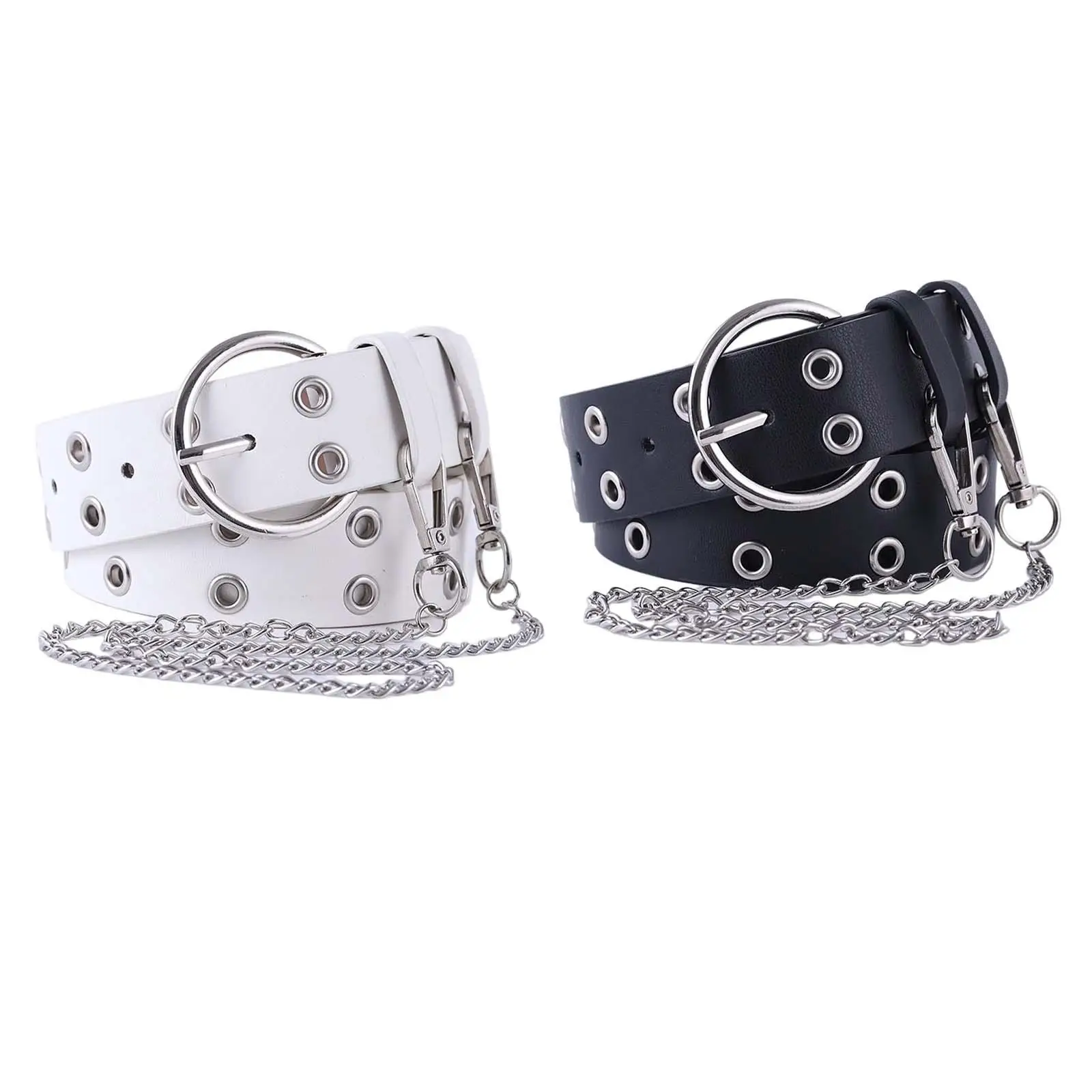 Double Grommet Belt Leather Punk Waist Belt with Chain for Women Jeans Dresses