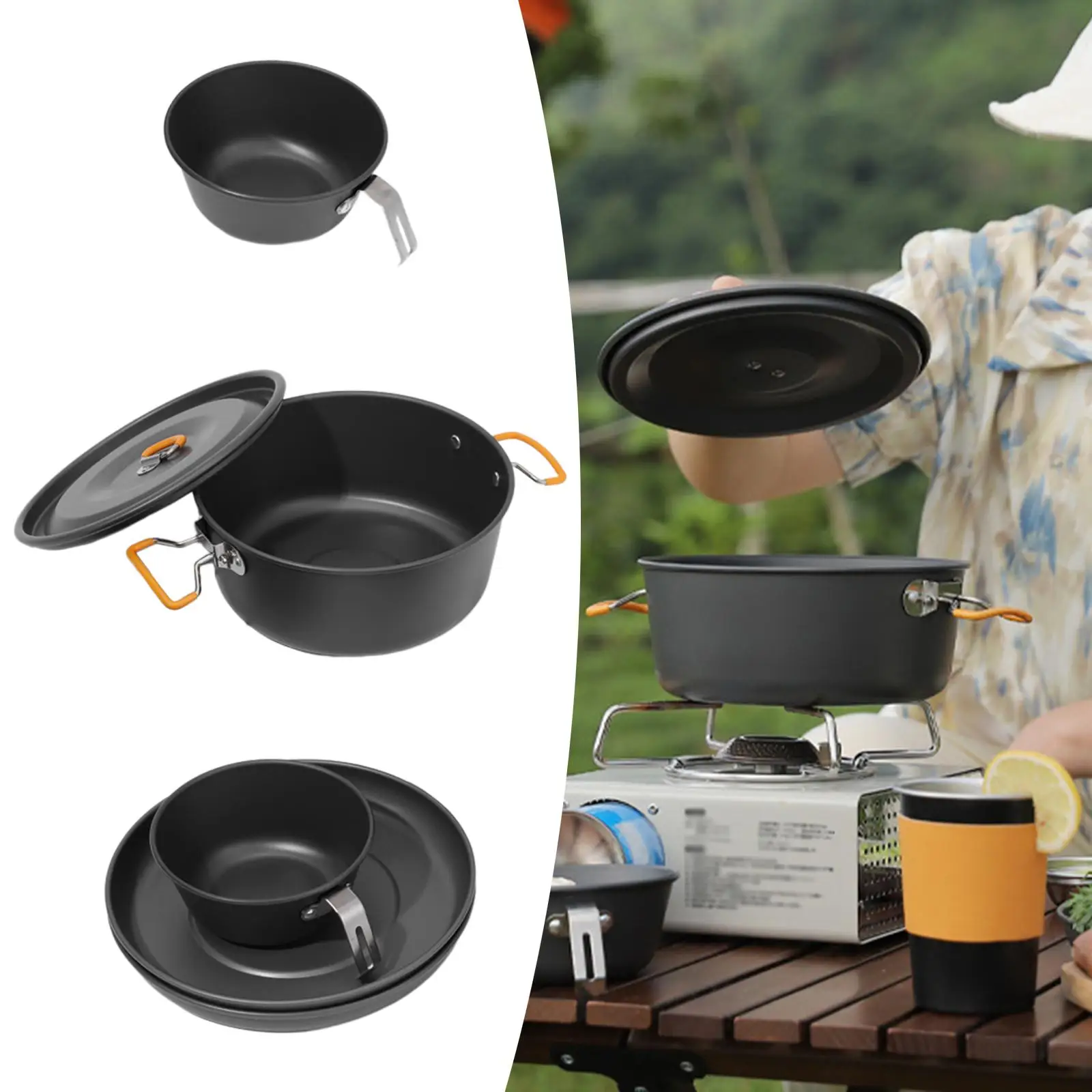 Camping Cookware Set Cookware Equipment Handle High Capacity Outdoor Pot Tableware Kit for Backpacking Travel Fishing Dinner BBQ