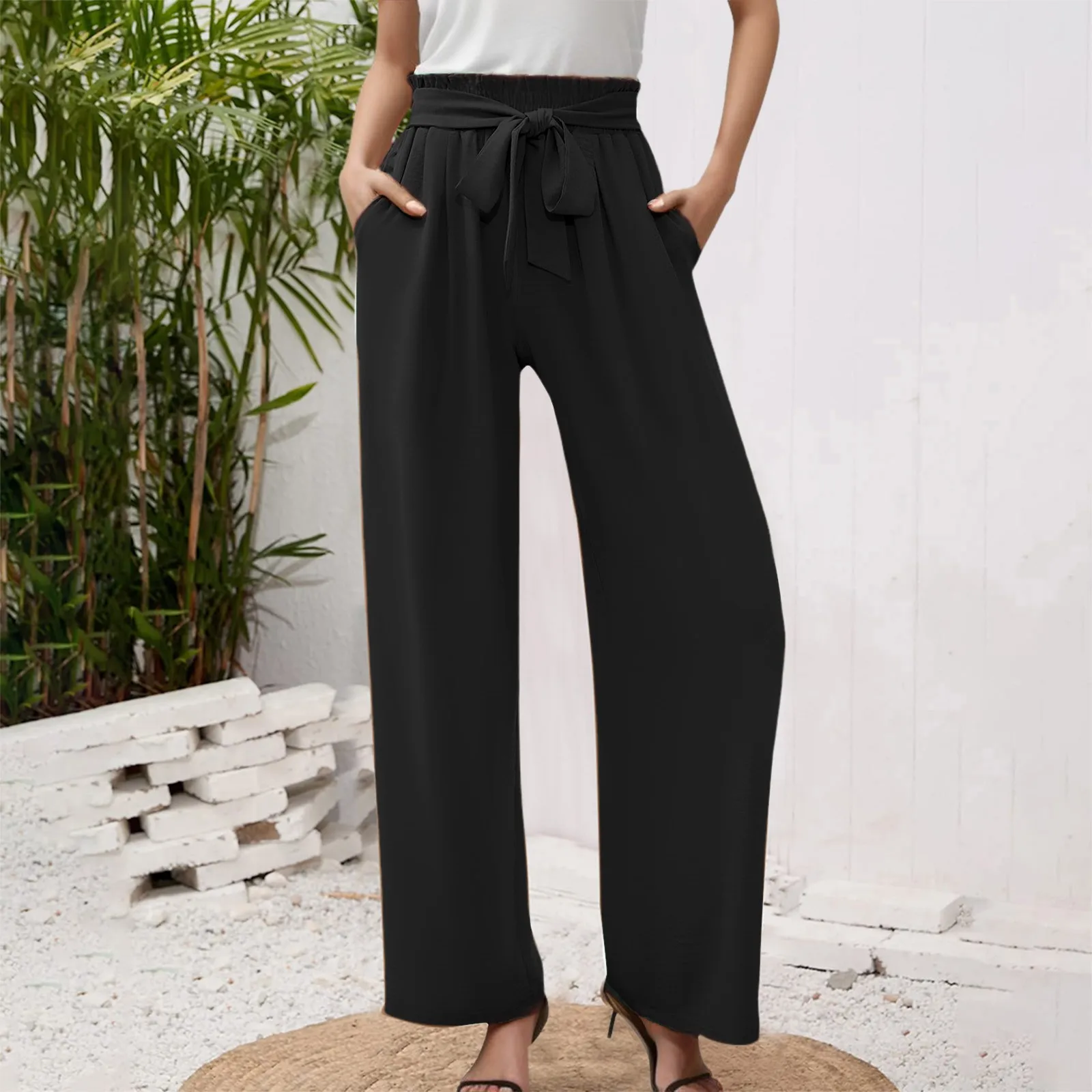 Pantalones anchos de cintura alta con lazo en negro - Retro, Indie